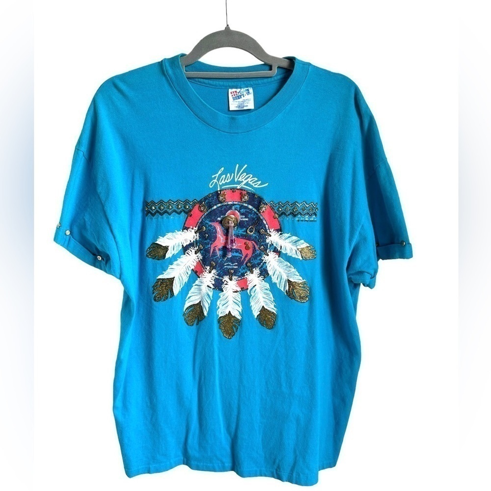 Vintage Hanes Graphic Tee Shirt Womens XL Las Vegas Boho Feather Southwest 90s